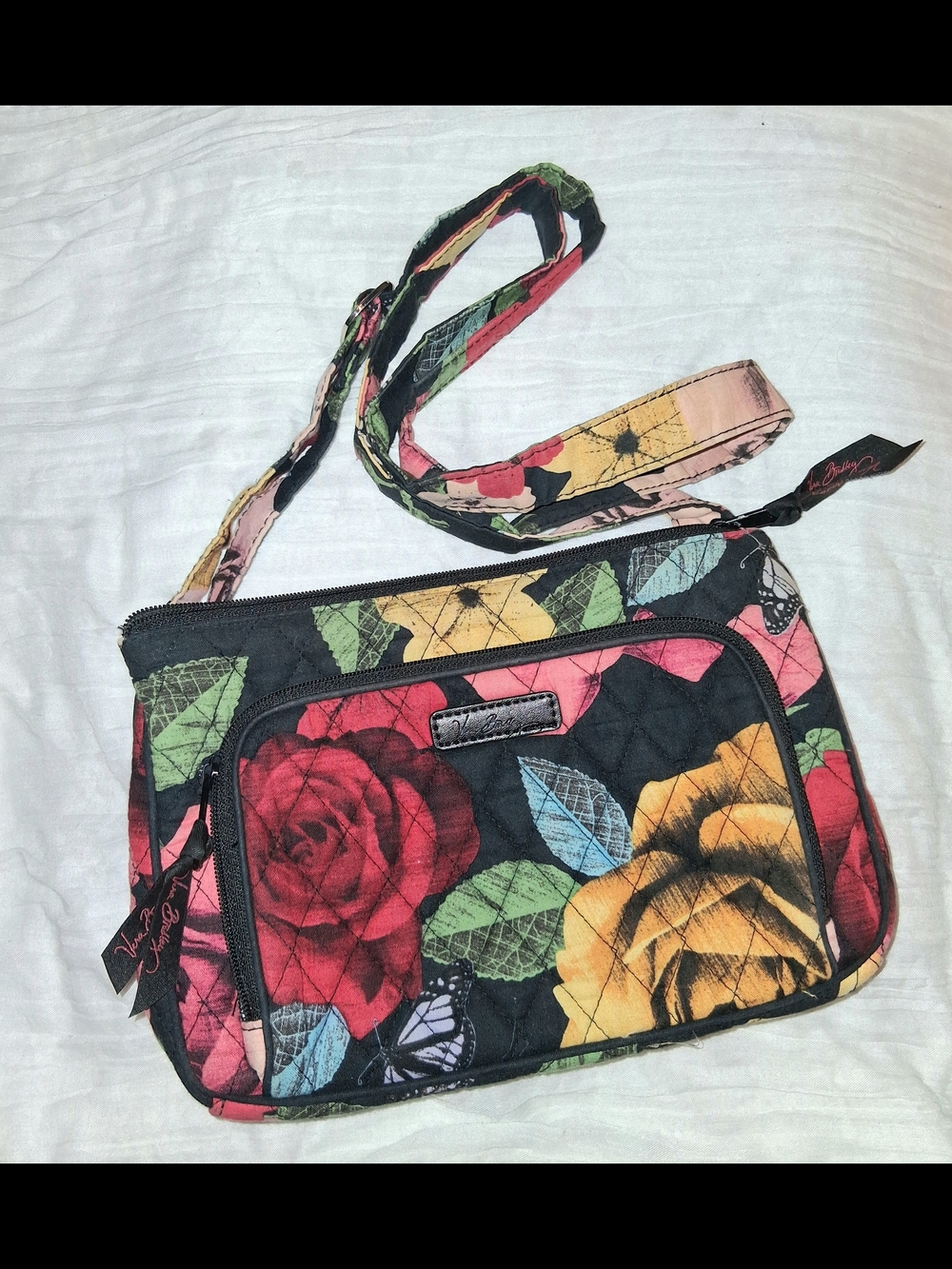 Vera Bradley Quilted Floral Crossbody - Black with Red & Yellow Roses